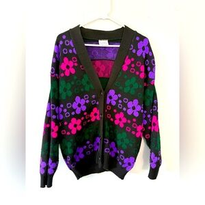 VTG SRL Michel Tex Hippie Boho Cardigan Floral Groovy Multi Color Black Size M L